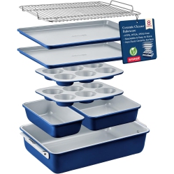 BAKKEN- SWISS Bakken 8-Piece Stackable Bakeware Set – Non-Toxic Ceramic Coating, Pfoa/ptfe-Free, Oven-Safe, Ergonomic Handles, Includes Cooling Rack