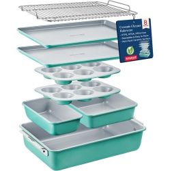 BAKKEN- SWISS Bakken 8-Piece Stackable Bakeware Set – Non-Toxic Ceramic Coating, Pfoa/ptfe-Free, Oven-Safe, Ergonomic Handles, Includes Cooling Rack