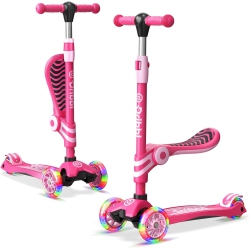 DRIBBL 3-Wheel Kids Scooter \w Seat – Adjustable Handlebar & Seat, Led Light-Up Pu Wheels, Anti-Slip Deck, Rear Brake – Fun Outdoor Ride For