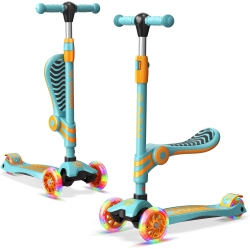 DRIBBL 3-Wheel Kids Scooter \w Seat – Adjustable Handlebar & Seat, Led Light-Up Pu Wheels, Anti-Slip Deck, Rear Brake – Fun Outdoor Ride For