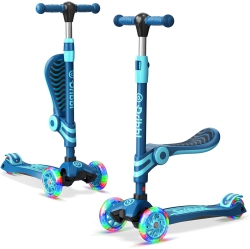 DRIBBL 3-Wheel Kids Scooter \w Seat – Adjustable Handlebar & Seat, Led Light-Up Pu Wheels, Anti-Slip Deck, Rear Brake – Fun Outdoor Ride For