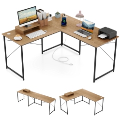 GYMAX 95" L-Shaped Reversible Computer Desk 2-Person Long Table Monitor Stand Natural
