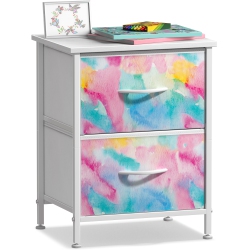 SORBUS Nightstand With 2 Drawers | Steel Frame Wood Top And Easy-Pull Fabric Bins | Ideal for Home Bedroom Office Or College Dorm- Watercolor