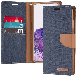 GOOSPERY Topsave Canvas Card Holder Fabric Folio Wallet Flip Case for Samsung Galaxy S25 Edge 6.7" In Navy Blue