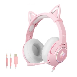 CHSSHA00 Cute Cat Ear Wired Gaming Headset | Intelligent Noise Reduction + Microphone Mute | Soft Memory Foam Earmuffs | USB Colorful Light Control