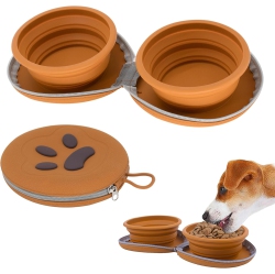 THE WAY Collapsible Cat And Dog Bowl, 2 In 1 Pet Portable Travel Double Bowl Water Feeder, Suitable for Travel, Camping, Hiking - In Brown