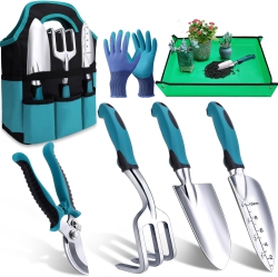 VECELOLIBILIS Gardening Tools 7-Piece, Heavy Duty Garden Tools Set \w Non-Slip Ergonomic Handle, Repotting Mat, Stainless Steel, Gardening Hand Tools