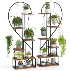GYMAX 6-Tier Metal Plant Stand W/12 Boards 6 Hanging Hooks Tall Flowerpot Display Rack