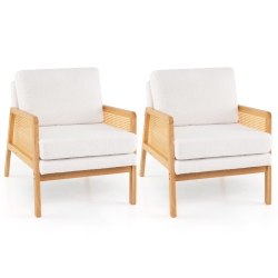 GYMAX Set Of 2 Mid Century Modern Accent Chair Living Room Armchair W/ Rattan Arms