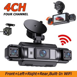 MYACUC 4 Channel Wifi Dash Cam, HD Dash Camera for Cars Front Rear Left Right, 3” Screen Dash Cam \w Surveillance App Control, 24H/7 Parking