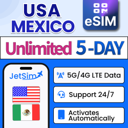 JETSIM Usa & Mexico Sim Qr Code (5-Days), Unlimited High-Speed Data, No Activation Required