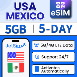 JETSIM Usa & Mexico Sim Qr Code (5-Days), 5GB High-Speed Data, No Activation Required