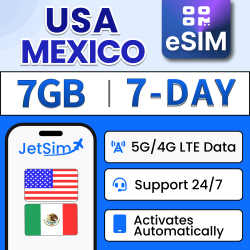 JETSIM Usa & Mexico Sim Qr Code (7-Days), 7GB High-Speed Data, No Activation Required