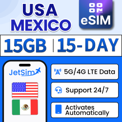 JETSIM Usa & Mexico Sim Qr Code (15-Days), 15GB High-Speed Data, No Activation Required