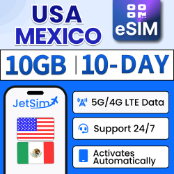 JETSIM Usa & Mexico Sim Qr Code (10-Days), 10GB High-Speed Data, No Activation Required