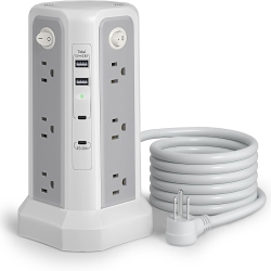 PASSUS Power Bar, Long Extension Cord 10Ft 1625W|13A With Multiple Outlets, Surge Protector Tower