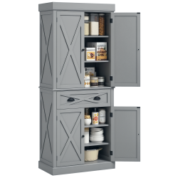 HOMCOM 72.5" Tall Kitchen Pantry Cabinet, Farmhouse Freestanding Kitchen Storage Cabinet With 4 Barn Doors, Drawer And Adjustable Shelves In Grey