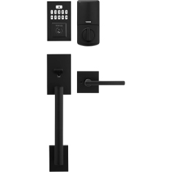 WEISER Matte Front Door Lock And Handle Set, Smartcode Keypad Door Lock With San Clemente Handleset & Halifax Interior Door Handle In Black