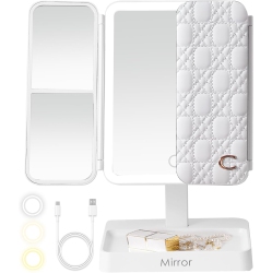 MYACUC Makeup Mirror Vanity \w Light, 360° Fill Light Makeup Mirror, 3-Color Light Touch Control Trifold Makeup Mirror, Portable Led Makeup Mirror For