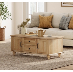 WAMPAT Farmhouse Coffee Table \w Storage Cabinet, Wooden Coffee Tables for Living Room, Rustic Tea Table Rectangle Center Table \w Drawers for Home