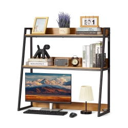 VEVOR 2-Tier Desktop Bookshelf, Desktop Storage Organizer, 37.4"x12.6"x35.4" Wood Color Display Shelf, Desktop Bookshelf Hutch \w Anti-Slip Feet