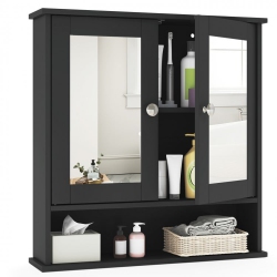 SLICKBLUE Wall-Mounted Bathroom Mirror Cabinet With Double Doors And Open Storage Shelf