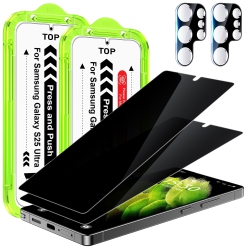 HLD 2+2 Pack for Samsung Galaxy S25 Ultra Privacy Screen Protector, 2 PCs Pet S25 Ultra Anti Spy Film + 2 PCs Camera Lens Protector, Fingerprint Id