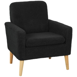 HOMCOM Teddy Fabric Accent Chair, Upholstered Armchair, Mid-Century Modern Living Room Chair With Wood Legs And Wide Padded Seat In Black