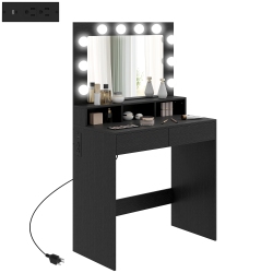 HOMCOM Makeup Vanity Desk \w Lighted Mirror And Charging Station, Vanity Table \w Drawers, 3 Lighting Modes, 10 Bulbs, Modern Dressing Table For