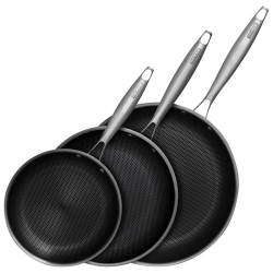 THE ROCK CLAD - 3-Piece Stainless Steel Fry Pan Set - Black/silver
