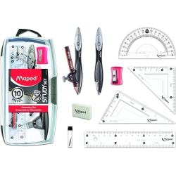 MAPED Study Geometry 10 Piece Set, Includes: 2 Metal Study Compasses, 2 Triangles (45° & 30°/60°), 6" Ruler, 4" Protractor, Pencil for Compass