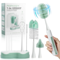 MOMCOZY 7 In 1 Electric Bottle Brush Kit, Portable Cleaning Set \w Formula Mixer, Silicone Brush, Nipple Brush, Straw Brush, Soap Dispenser, Drying