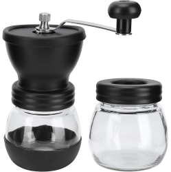CHSSHA00 Manual Coffee Grinder \w Dual Glass Jars – Adjustable Ceramic Burr Mill, Soft Silicone Grip & Non‑Slip Base, Removable Easy‑Clean