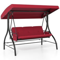 GYMAX 3-Seat Patio Swing W/ Canopy & Removable Cushions & Side Pockets Stand