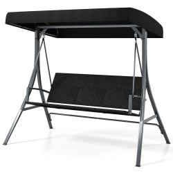 GYMAX 3-Person Porch Swing W/ Stand W/ Rattan Seat Back Metal Frame Adjustable Shade