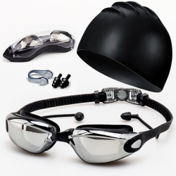 THE WAY Popular Set Adult Swimming Goggles, Swimming Caps, Nose Clips, Earplugs, Silicone HD Anti-Fog Electroplated Children's Swimming Goggles For