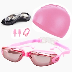 THE WAY Popular Set Adult Swimming Goggles, Swimming Caps, Nose Clips, Earplugs, Silicone HD Anti-Fog Electroplated Children's Swimming Goggles For