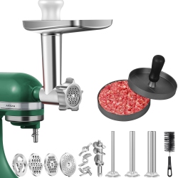 AMZCHEF Food Grinder Attachment Perfectly Fits The Kitchenaid Meat Grinder, 3 Sausage Stuffer Tubes & Holder, 4 Grinding Plates, 2 Grinding