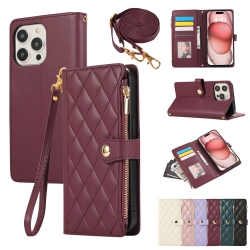 THE WAY Applicable to Iphone16Pro Exquisite Diamond Lattice Style Zipper Bag Lady Crossbody Rope Mobile Phone Case-Burgundy + Short Hand Rope + Long