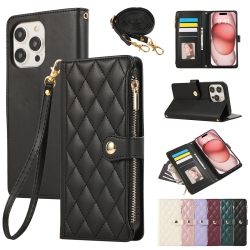 THE WAY Applicable to Iphone16Pro Exquisite Diamond Lattice Style Zipper Bag Lady Crossbody Rope Mobile Phone Case-Black + Short Hand Rope + Long