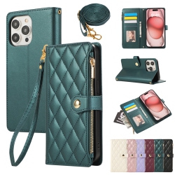 THE WAY Applicable to Iphone16Pro Exquisite Diamond Lattice Style Zipper Bag Lady Crossbody Rope Mobile Phone Case-Green + Short Hand Rope + Long