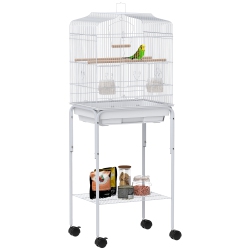 PAWHUT 49" Bird Cage for Finches, Canaries, Budgies, Parrot Cage With Accessories, Wheels, Detachable Stand, Storage In White