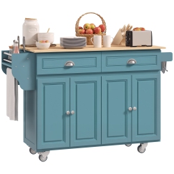 HOMCOM 58" Kitchen Island \w Storage, Rolling Kitchen Island \w Drop Leaf, Solid Wood Top, 2 Drawers, 2 Cabinets, Adjustable Shelves And Knife Rack