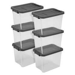 STERILITE 30 Qt Clear Plastic Stackable Storage Bin With Latch Lid, 6 Pack In Grey