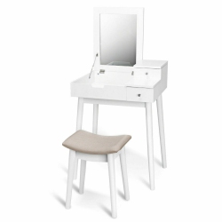SLICKBLUE Compact Vanity Dressing Table Set – Flip Mirror Makeup Desk With Storage And Stool