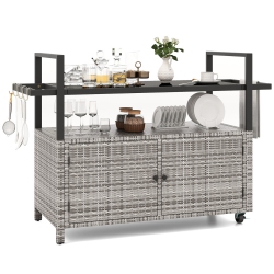 SLICKBLUE All-Weather Outdoor Bar Serving Cart With Storage Cabinet And Hanging Hooks for Poolside Or Deck