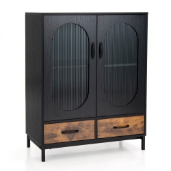 SLICKBLUE Kitchen Industrial Buffet Sideboard With Tempered Glass Doors-Black