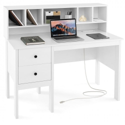SLICKBLUE Computer Desk With Drawers, Power Outlets, And 5-Cubby Hutch for Office Storage