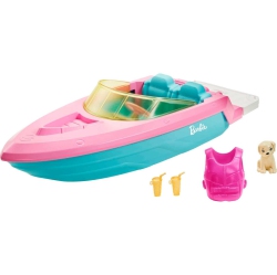 BARBIE Toy Boat With Pet Puppy, Life Vest And Beverage Accessories, Fits 3 Dolls And Floats In Water