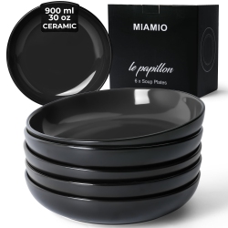 MIAMIO – 6 X Plate/dinner Plate Set Stoneware Ceramic Tableware Set - Le Papillon Collection (Black, 22 Cm)